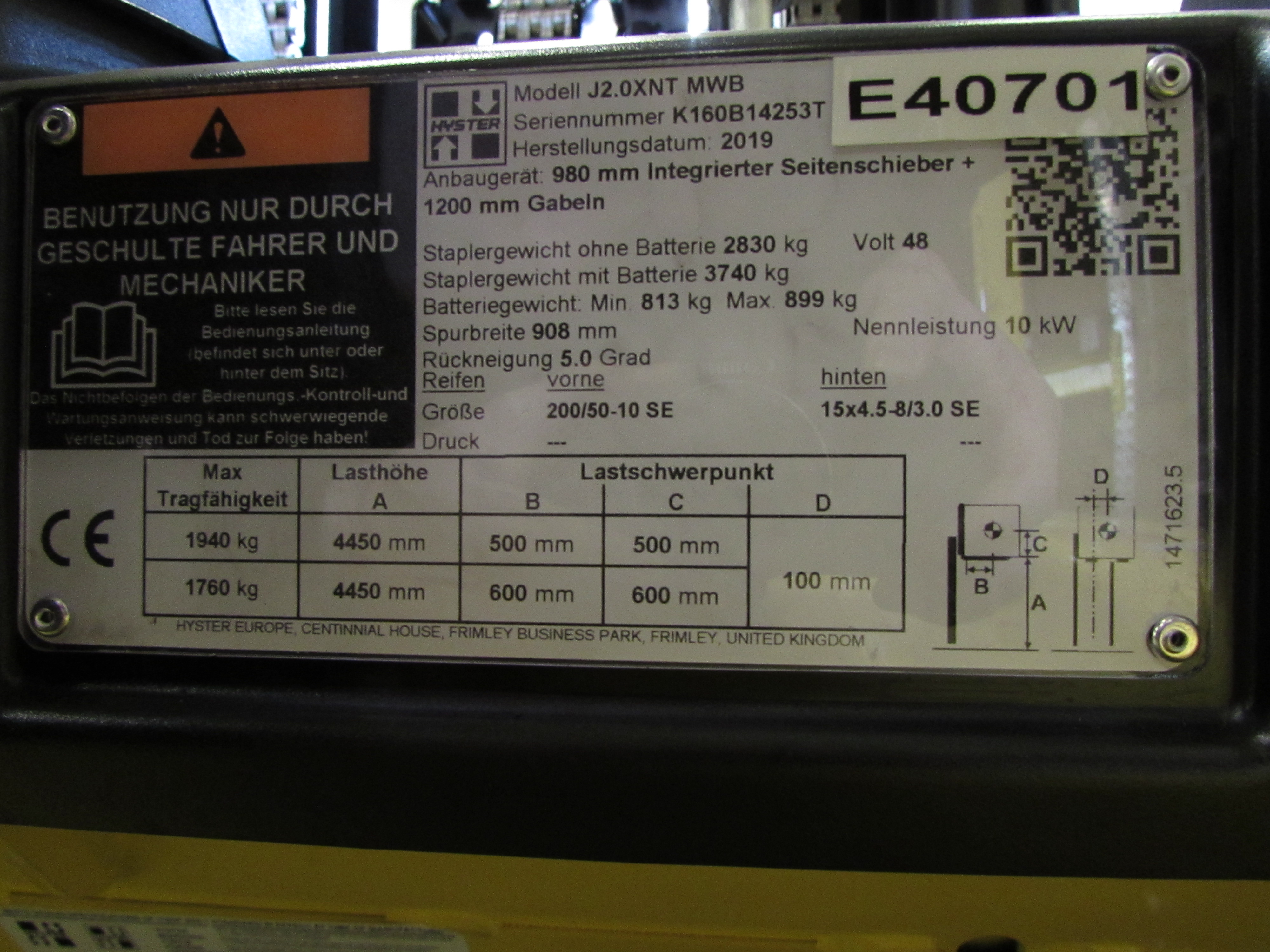 Frontstapler gebraucht: Hyster 4-Rad Elektrostapler J2.0XNT MWB Hyster J2.0XNT MWB * 4-Rad Elektrostapler