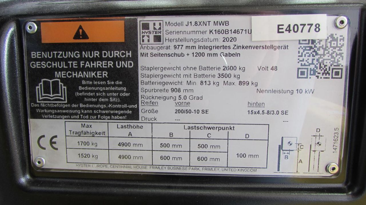 Frontstapler gebraucht: Hyster 3-Rad Elektrostapler J1.8 XNT (MWB) Hyster J1.8 XNT (MWB) * 3-Rad Elektrostapler